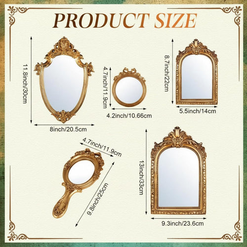 5 Pcs Vintage Gold Mirror Luxury Set Small Gold Mirrors Vintage Gallery Wall Mirror Hanging Antique Art Decor for Wall Living Room Entryway Assorted Sizes(Classic Style,13in/8in/7in/4in)