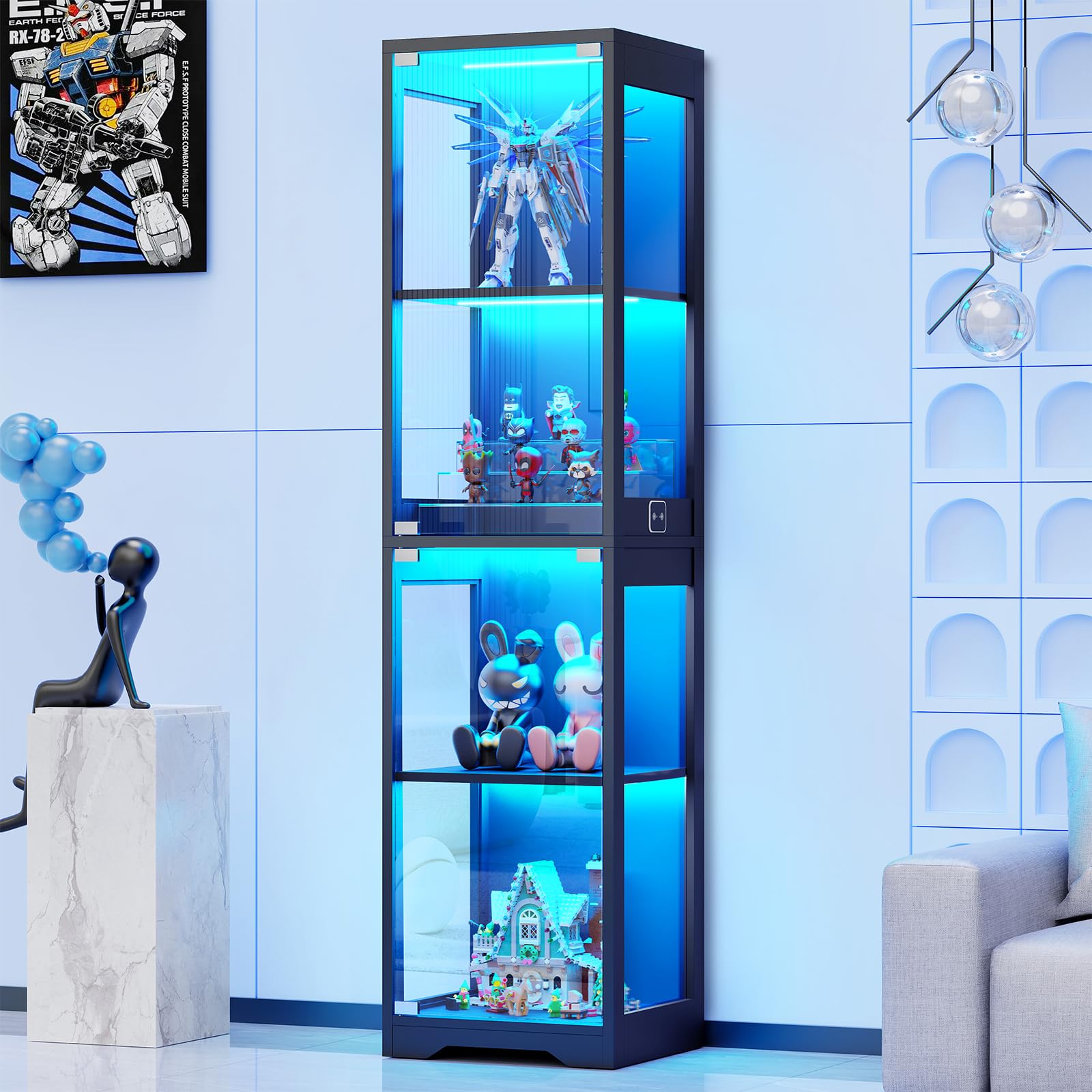 BROTTAR Glass Display Cabinet, 4-Tier Curio Cabinets with 3 Color Lights for Collectibles, Storage Cabinet with Door, Glass Display Case & Bookcase with Human Body Sensor, Black