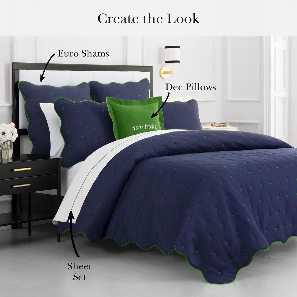 kate spade new york Scalloped Edge Euro Sham, 26" x 26" Decorative Pillow Cover, Single 100% Cotton Cover, Machine Washable, Navy