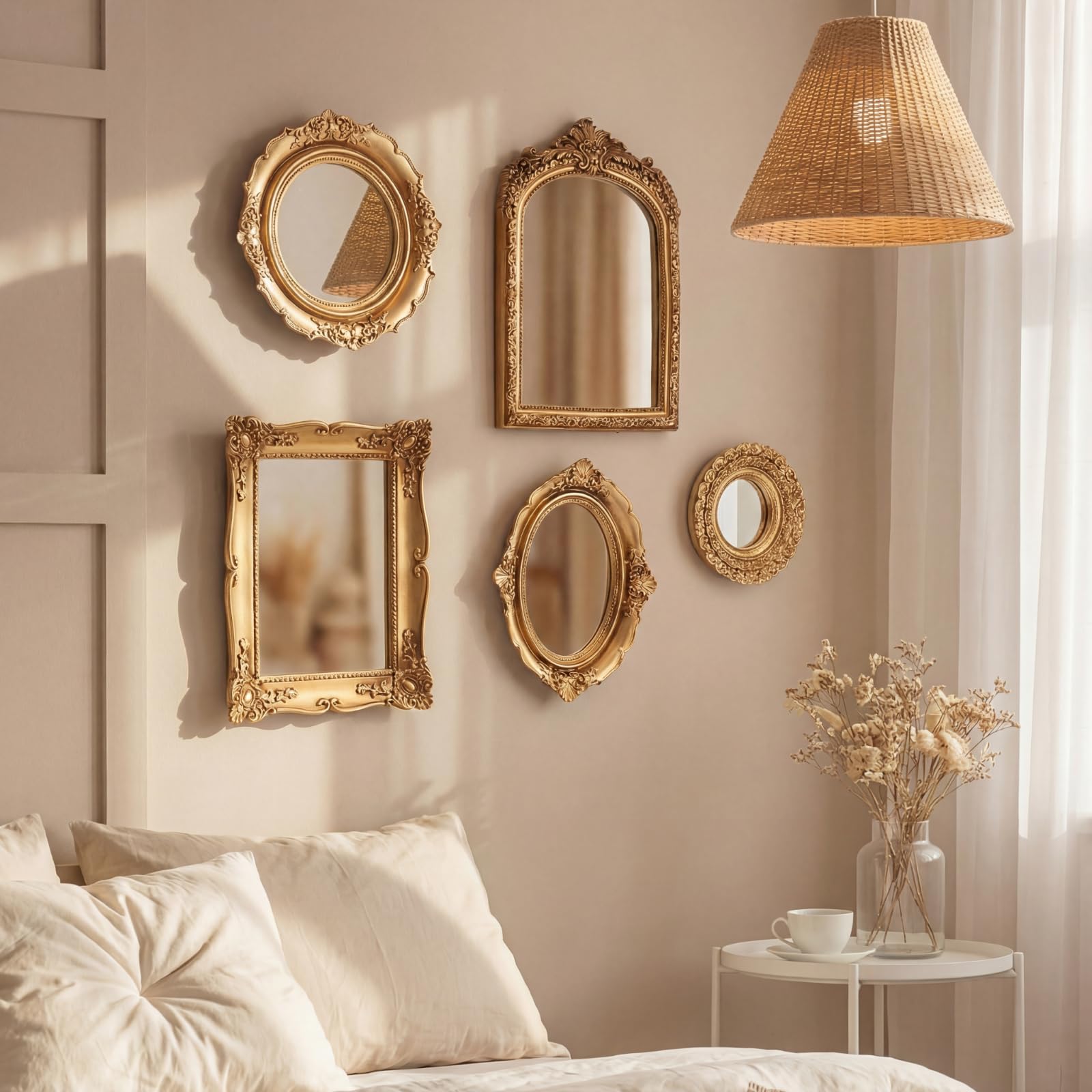 5 Pcs Vintage Gold Mirror Luxury Set Small Gold Mirrors Vintage Gallery Wall Mirror Hanging Antique Art Decor for Wall Living Room Entryway Assorted Sizes(Classic Style,13in/8in/7in/4in)