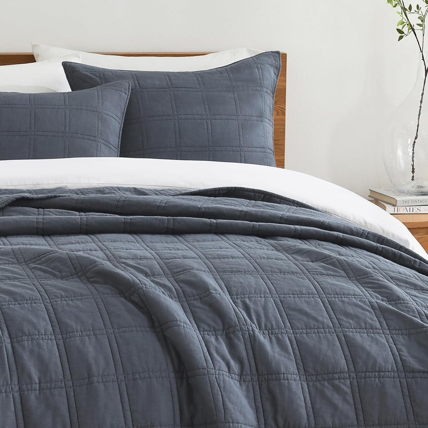 HORIMOTE HOME 100% Cotton Quilted Pillow Shams King Size, Steel Blue Pre-Washed 2 Pack 20" x 36" Cozy Pillowcases, Breathable Stitching Pillow Cases Cover Decorative for Bed in Geometric Pattern