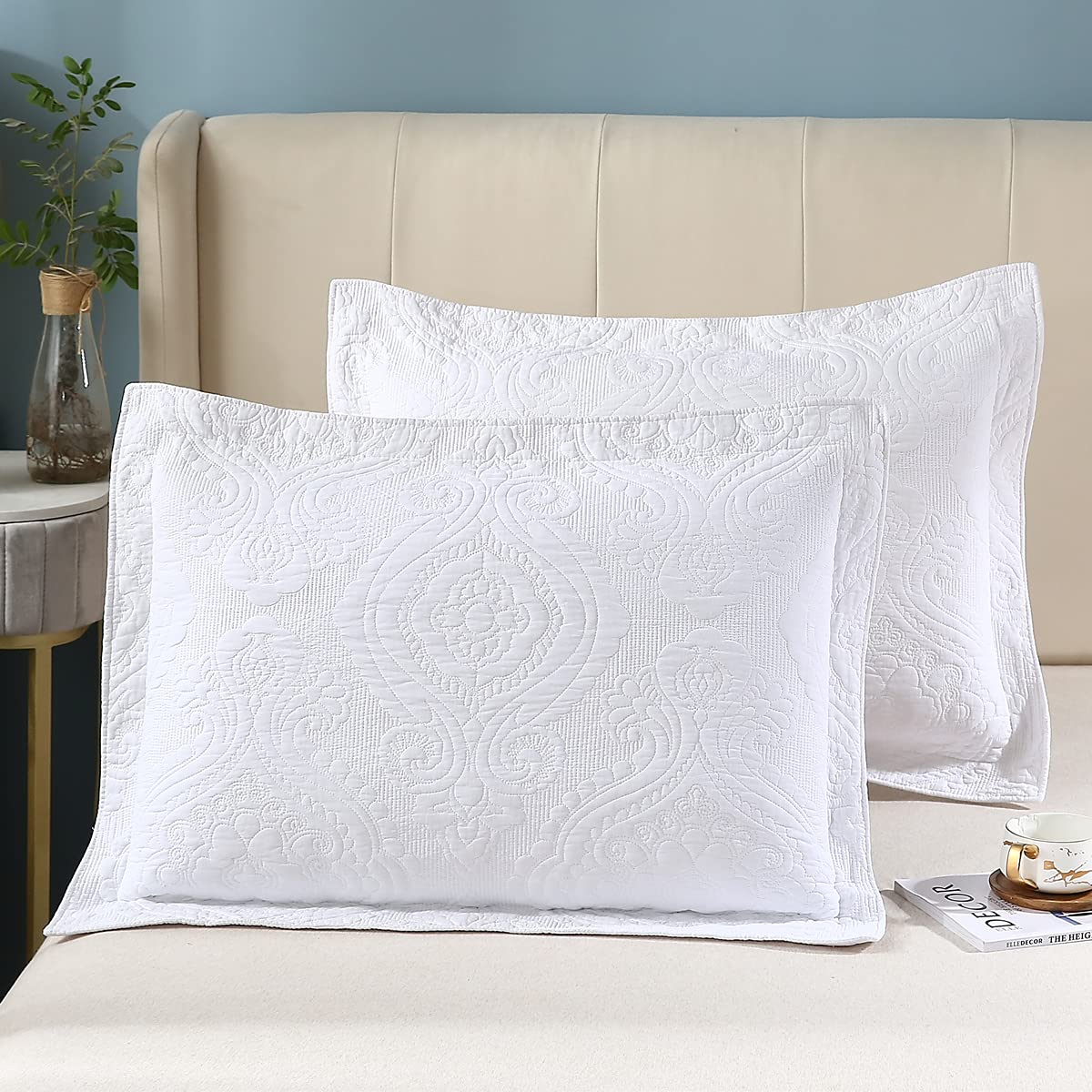 WINLIFE 100% Cotton Quilted Pillow Sham Floral Printed Pillow Cover (Standard, Dusty Pink)