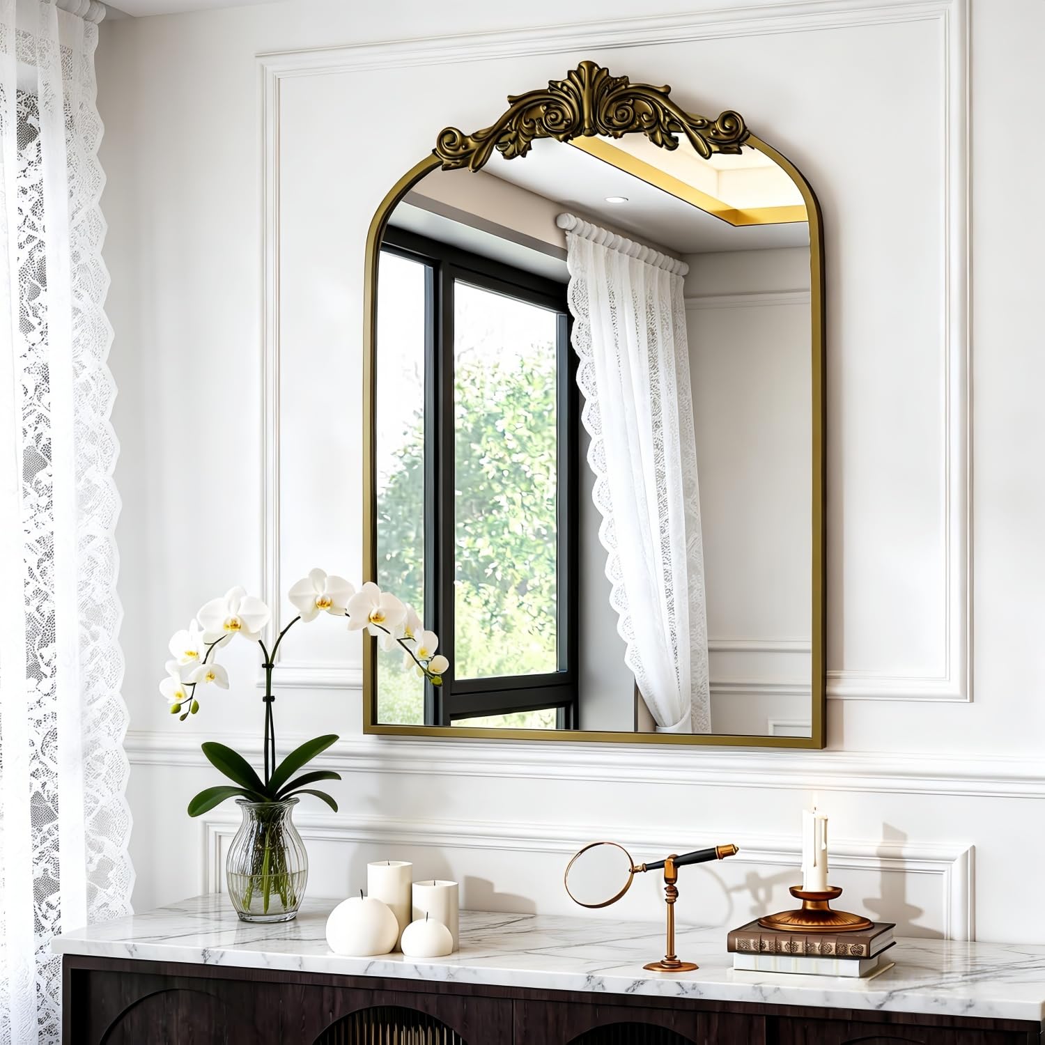 22"×30" Bronze Arched Wall Mirror, Vintage Baroque Metal Framed Mirror for Bathroom Entryway