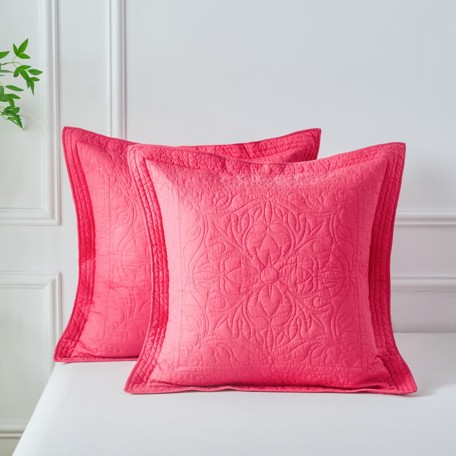 WINLIFE 100% Cotton Quilted Pillow Sham Floral Printed Pillow Cover White