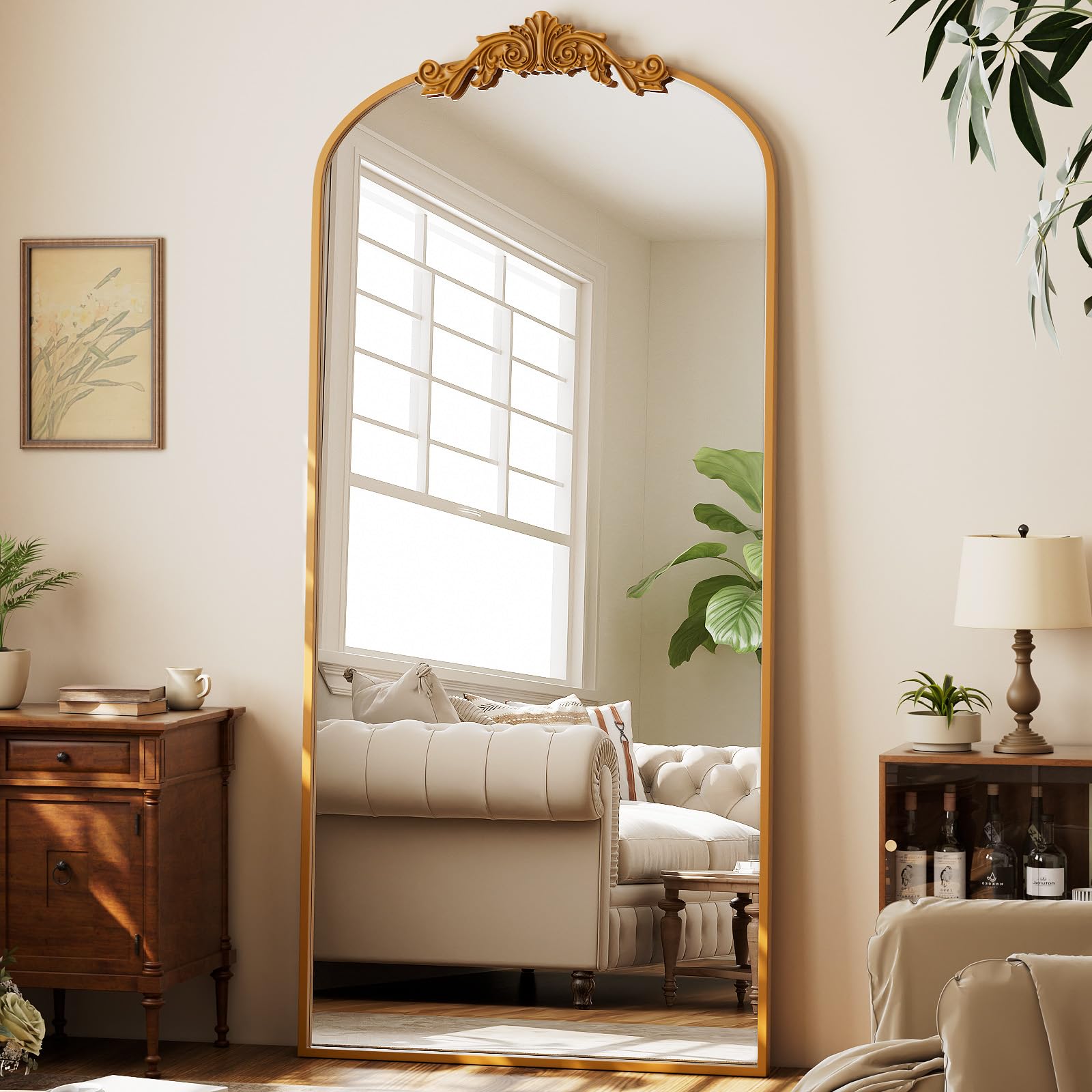GLSLAND 56"x21" Vintage Full Length Mirror - Carved Arched Floor Standing Mirror, Baroque Full Body Mirrors for Bedroom Living Room Entryway, Gold Frame