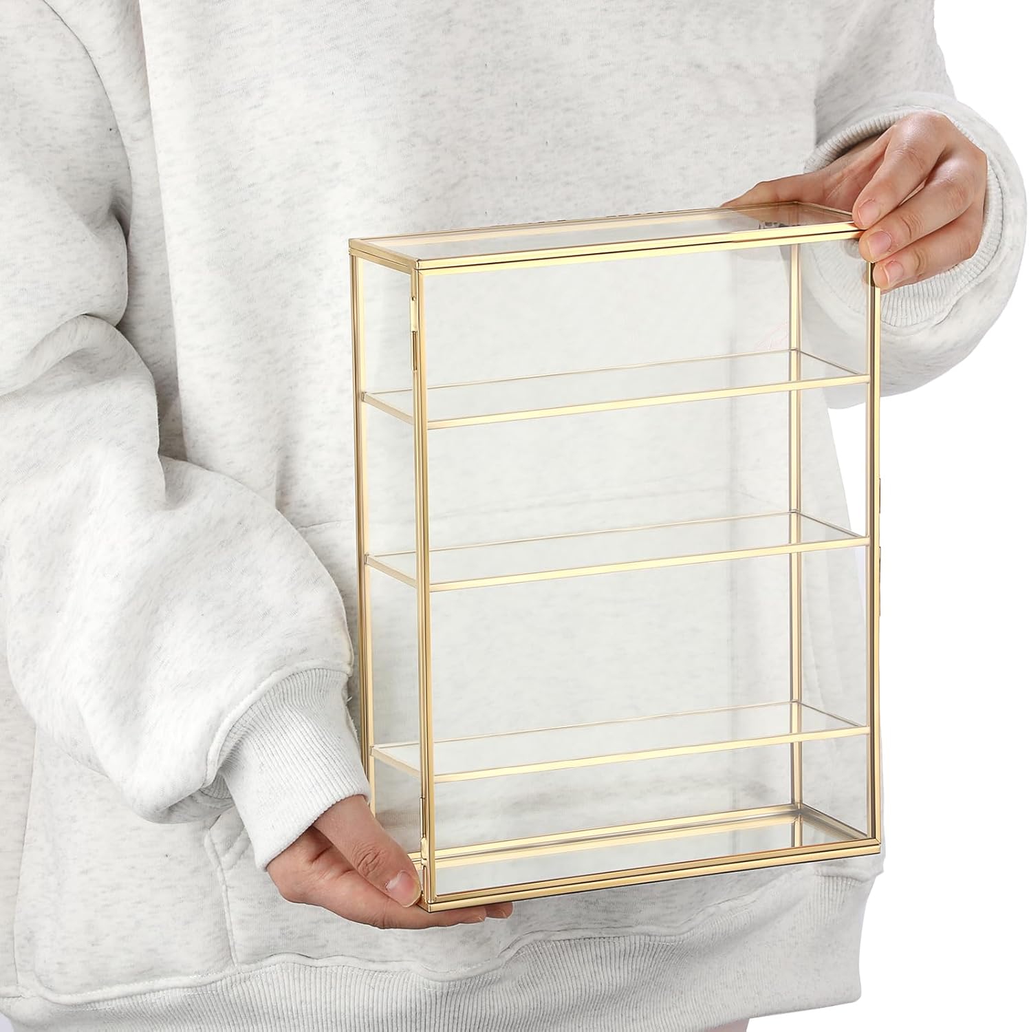 JUXYES 4 Tiers Tabletop Brass Glass Rock Display Case with Latch Door, Modern Clear Rocks Display Case Box with Mirror Bottom, Gold Dust Proof Case for Collectible, Mineral Crystal, Stones