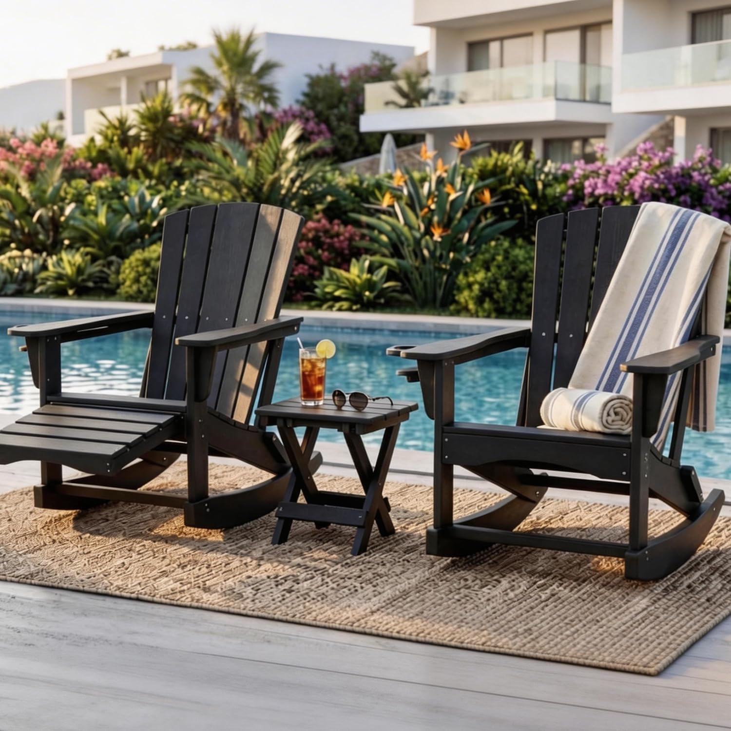 Adirondack Rocking Chair with Retractable Ottoman,Outdoor Folding Adirondack Chair with Cup Holder,HDPE All-Weather Patio Lounge Chair for Porch,Lawn, Poolside, Black
