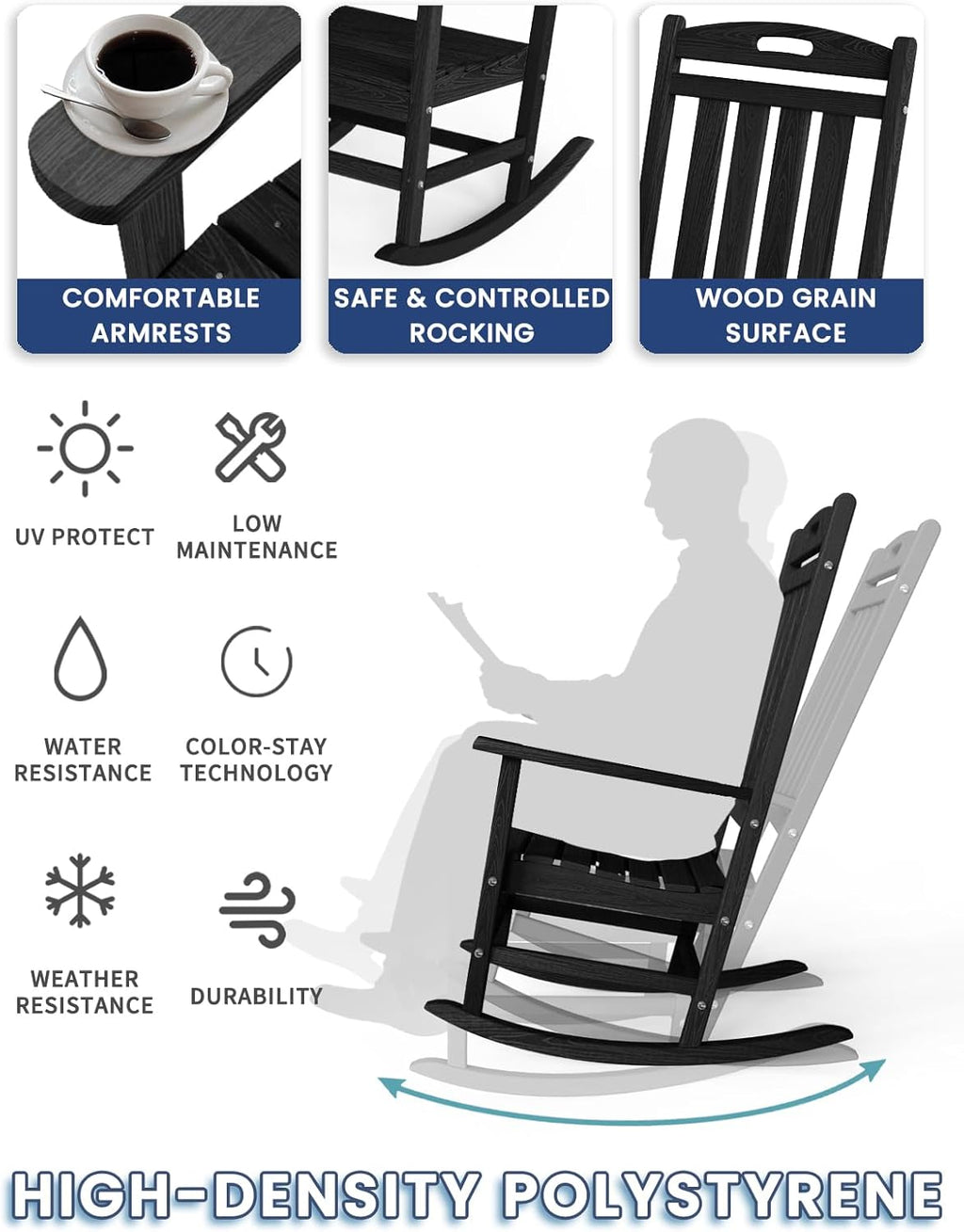 Outdoor Rocking Chair, High Back HDPE Patio Chair, All Weather Rocker Porch Chair, Lawn Chair for Deck, Porch, Backyard, Garden and Indoor, Black