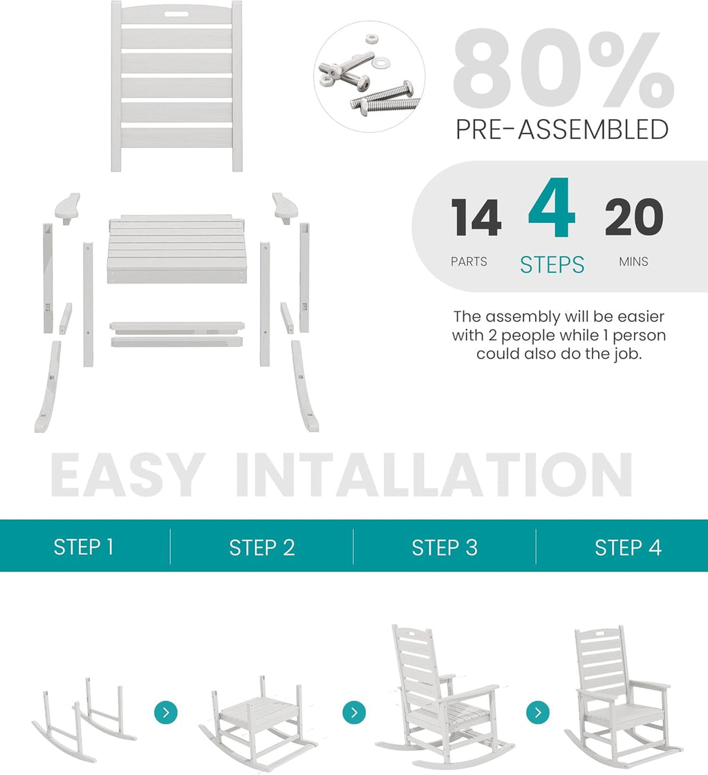 SERWALL HDPE Outdoor Rocking Chair, Oversized Rocking Chair with Footboard, High Back Porch Rocker Chair with 350lbs Support, White