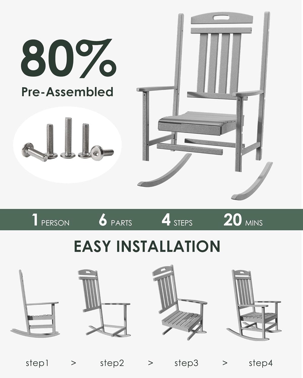 Slate Grey All-Weather Poly Lumber High Back Outdoor Rocking Chair for Porch Garden
