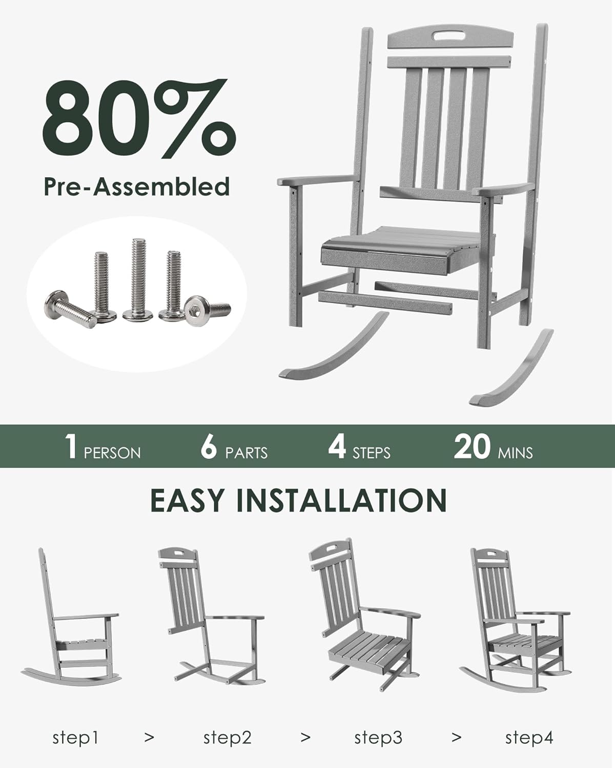 Slate Grey All-Weather Poly Lumber High Back Outdoor Rocking Chair for Porch Garden