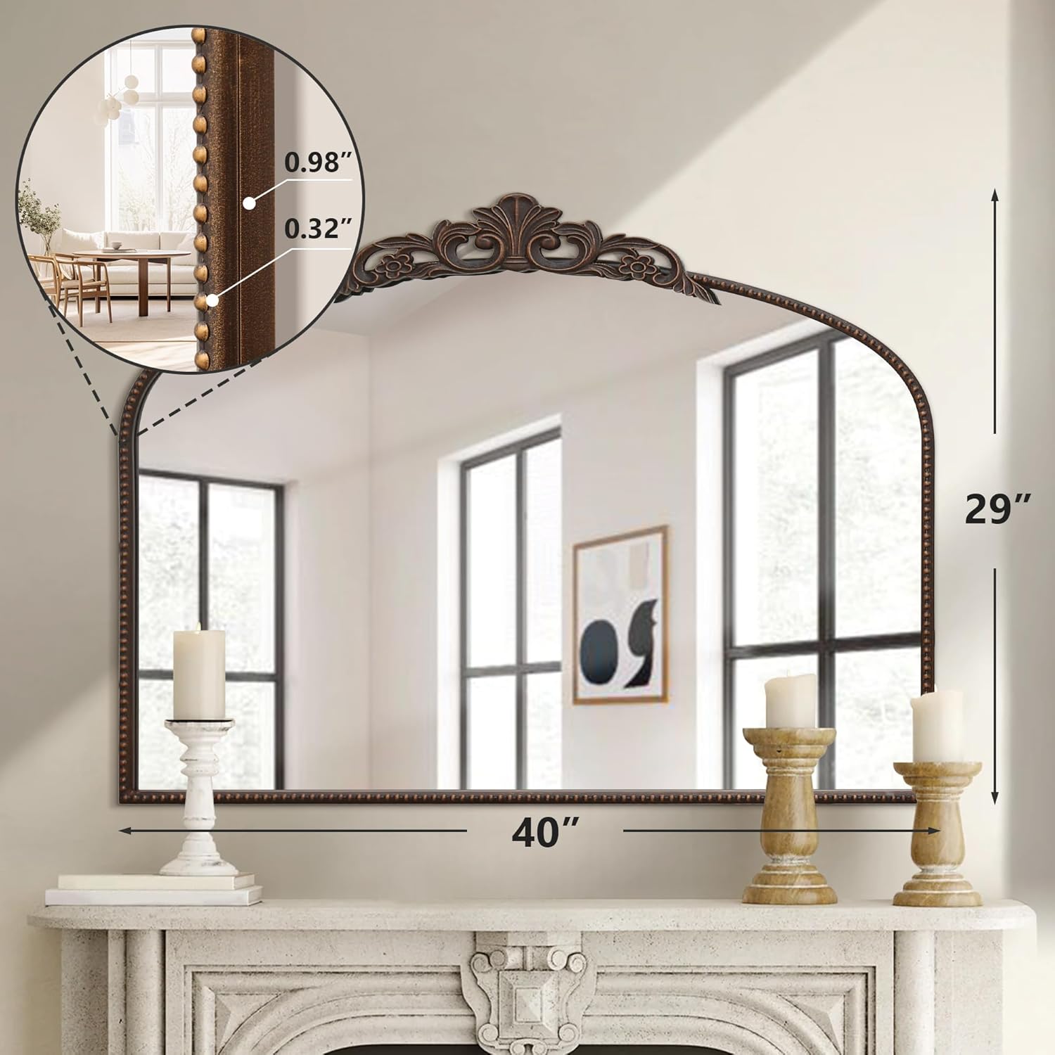 Micasso Large Bronze Vintage Mirror: 40"x29" French Baroque Antique Arched Mirror - Traditional Ornate Decorative for Wall/Fireplace/Mantel/Entryway/Bathroom/Hallway - Home Decor for Living Room