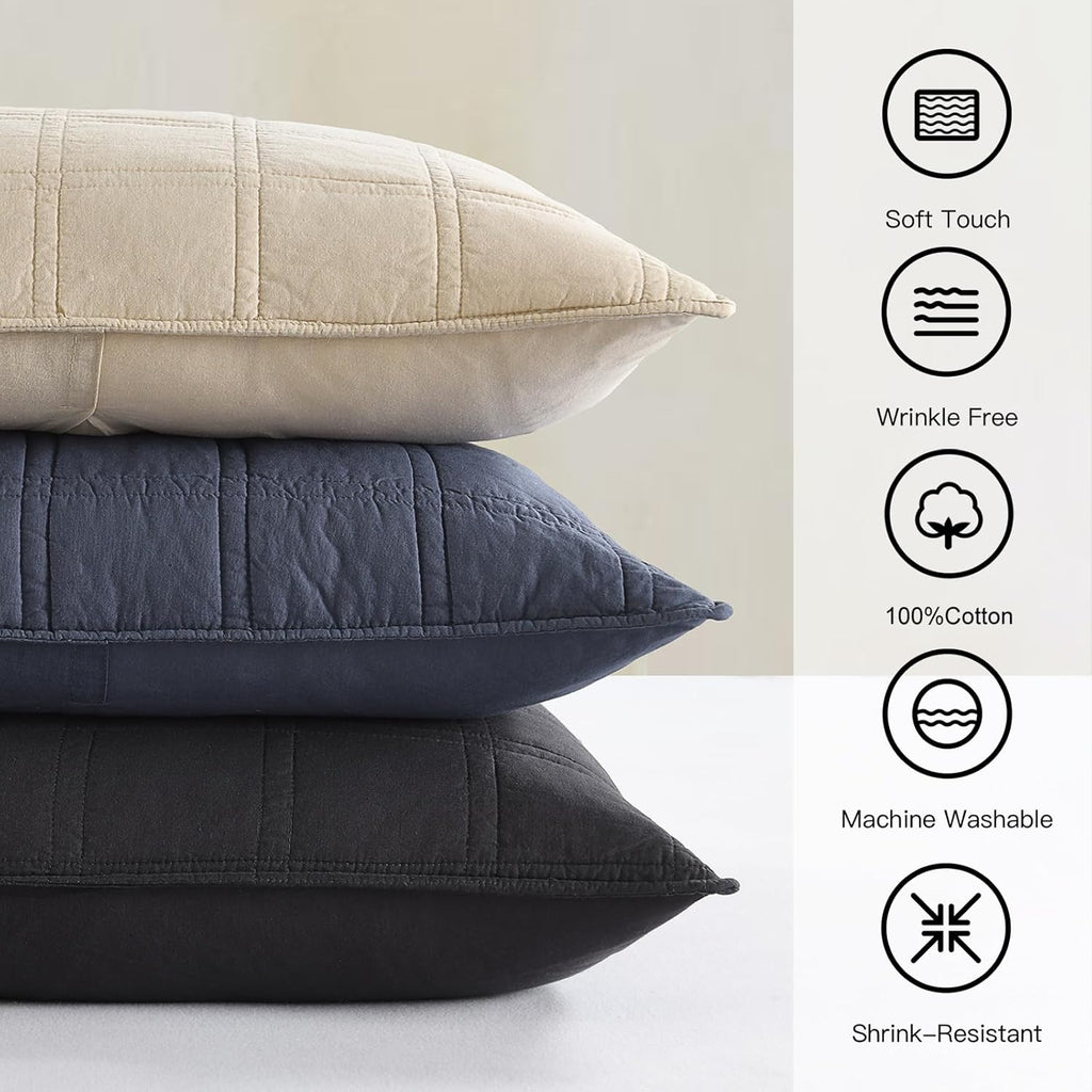 HORIMOTE HOME 100% Cotton Quilted Pillow Shams King Size, Steel Blue Pre-Washed 2 Pack 20" x 36" Cozy Pillowcases, Breathable Stitching Pillow Cases Cover Decorative for Bed in Geometric Pattern