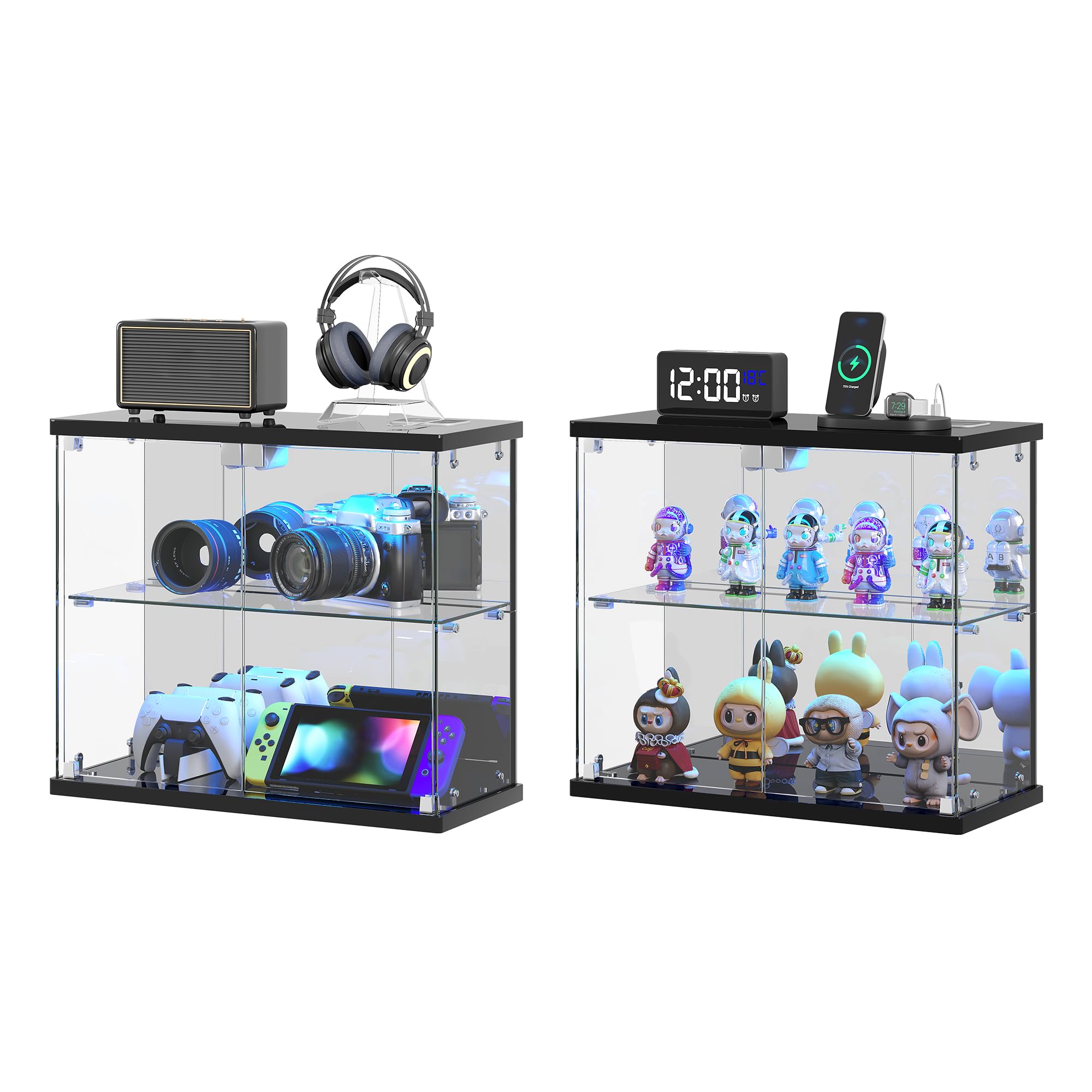 Dystler Lighted Clear Glass Display Case - for Figures & Collectibles, Small 2-Tier Display Cabinet with Charging Station, LED Display Box with Lights & Human Sensor, for Model Car, Perfume, Black