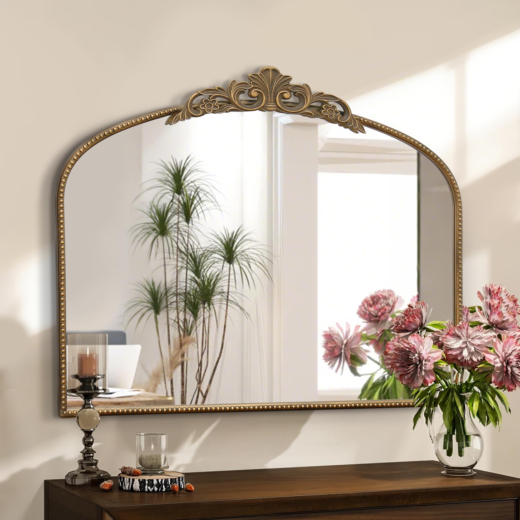 Micasso Large Bronze Vintage Mirror: 40"x29" French Baroque Antique Arched Mirror - Traditional Ornate Decorative for Wall/Fireplace/Mantel/Entryway/Bathroom/Hallway - Home Decor for Living Room