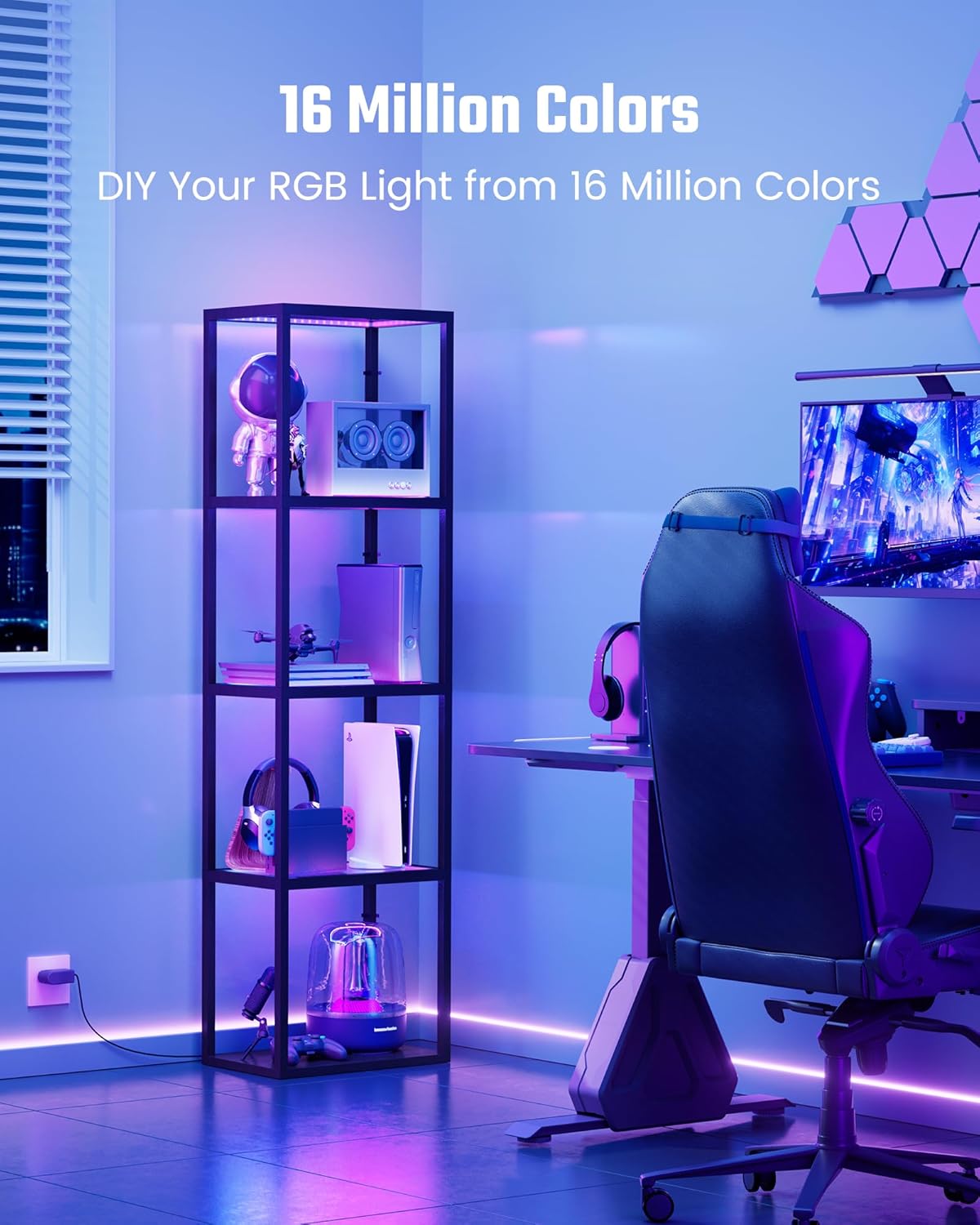 SUPERDANNY Display Cabinet with RGB Light,Curio Cabinet with Remote/App Control,Dimmable LED Floor Lamp with Shelves,Glass Display Case with Music Pick-up DIY Light Colors for Gamingroom Decor