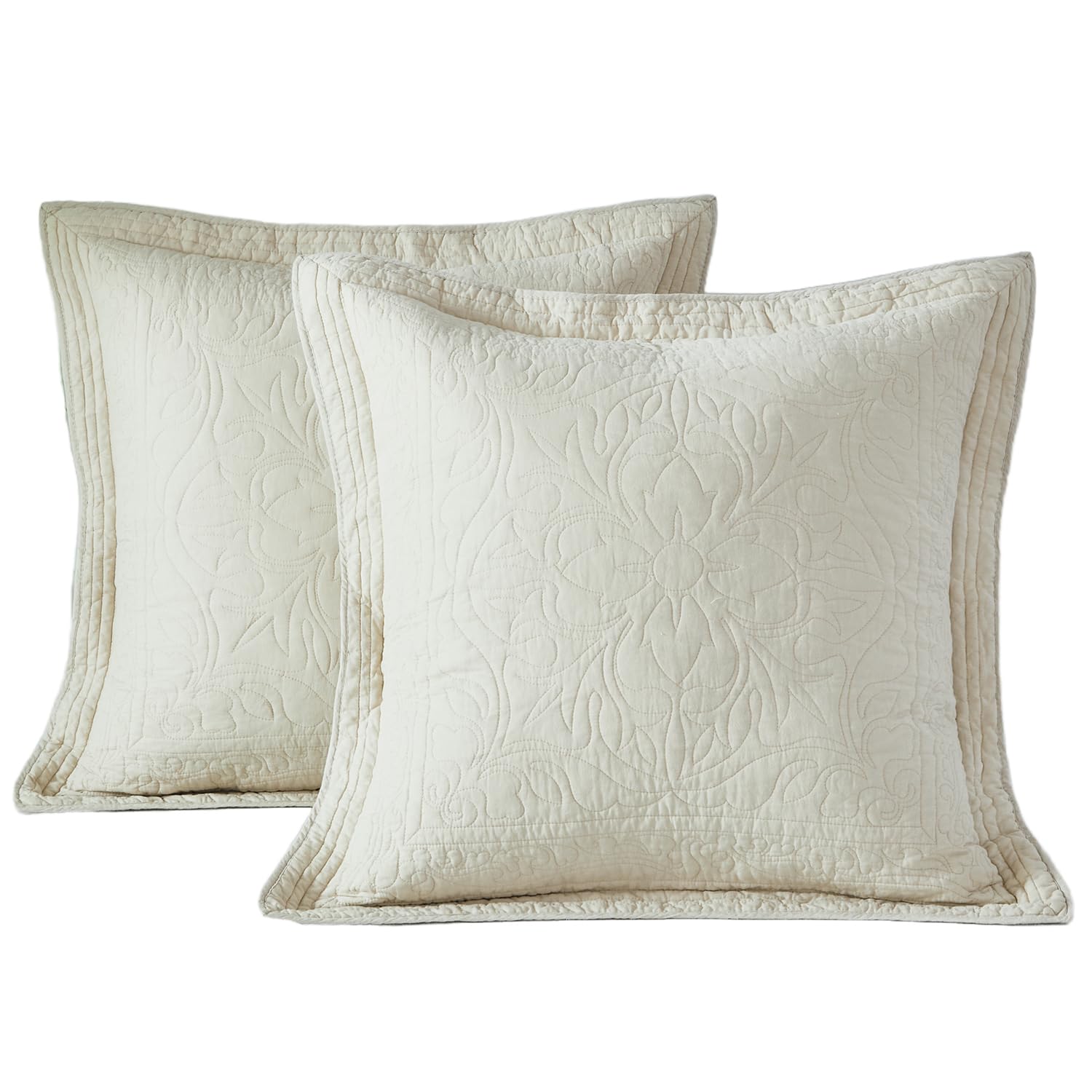 WINLIFE 100% Cotton Quilted Pillow Sham Floral Printed Pillow Cover White