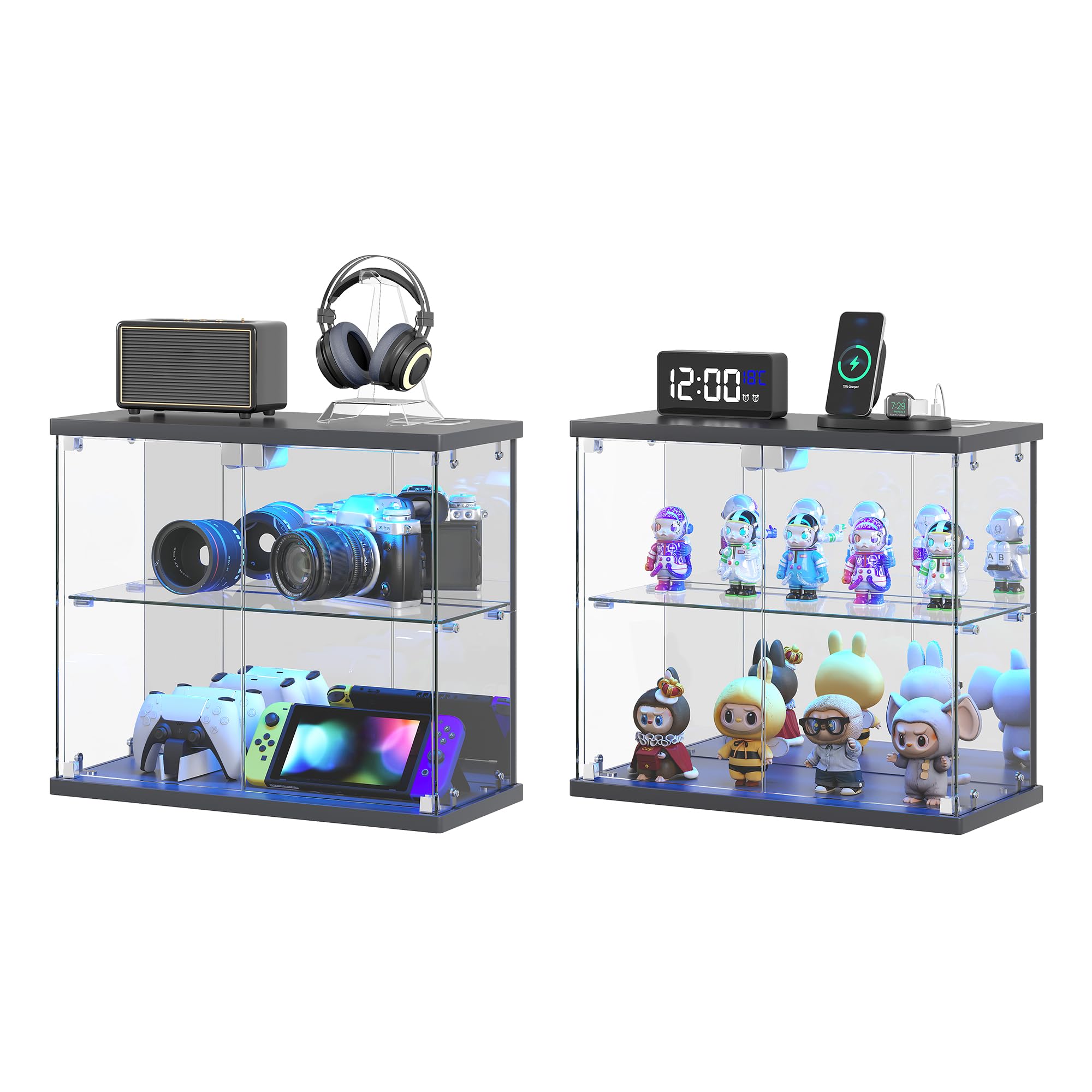 Dystler Lighted Clear Glass Display Case - for Figures & Collectibles, Small 2-Tier Display Cabinet with Charging Station, LED Display Box with Lights & Human Sensor, for Model Car, Perfume, Black