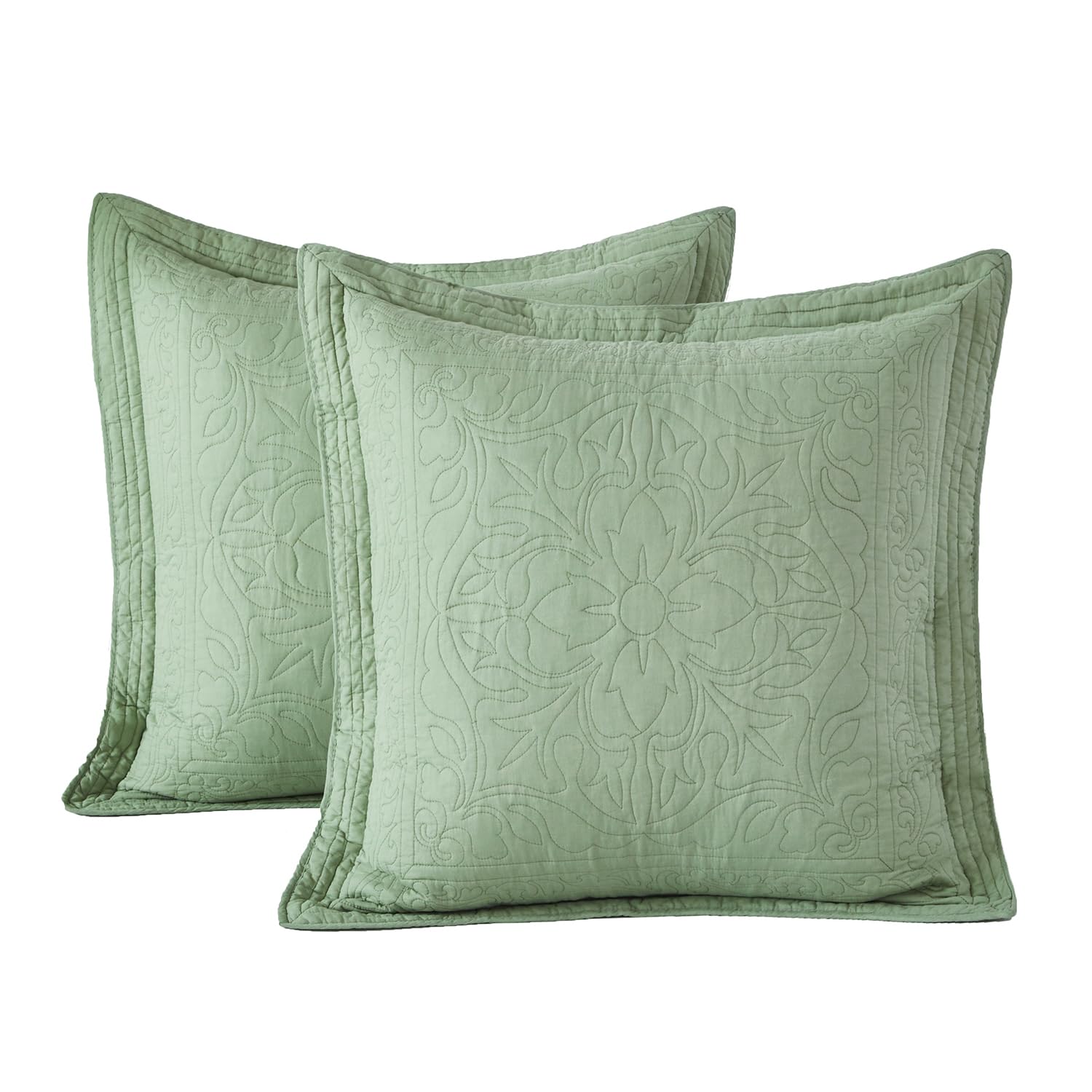 WINLIFE 100% Cotton Quilted Pillow Sham Floral Printed Pillow Cover White