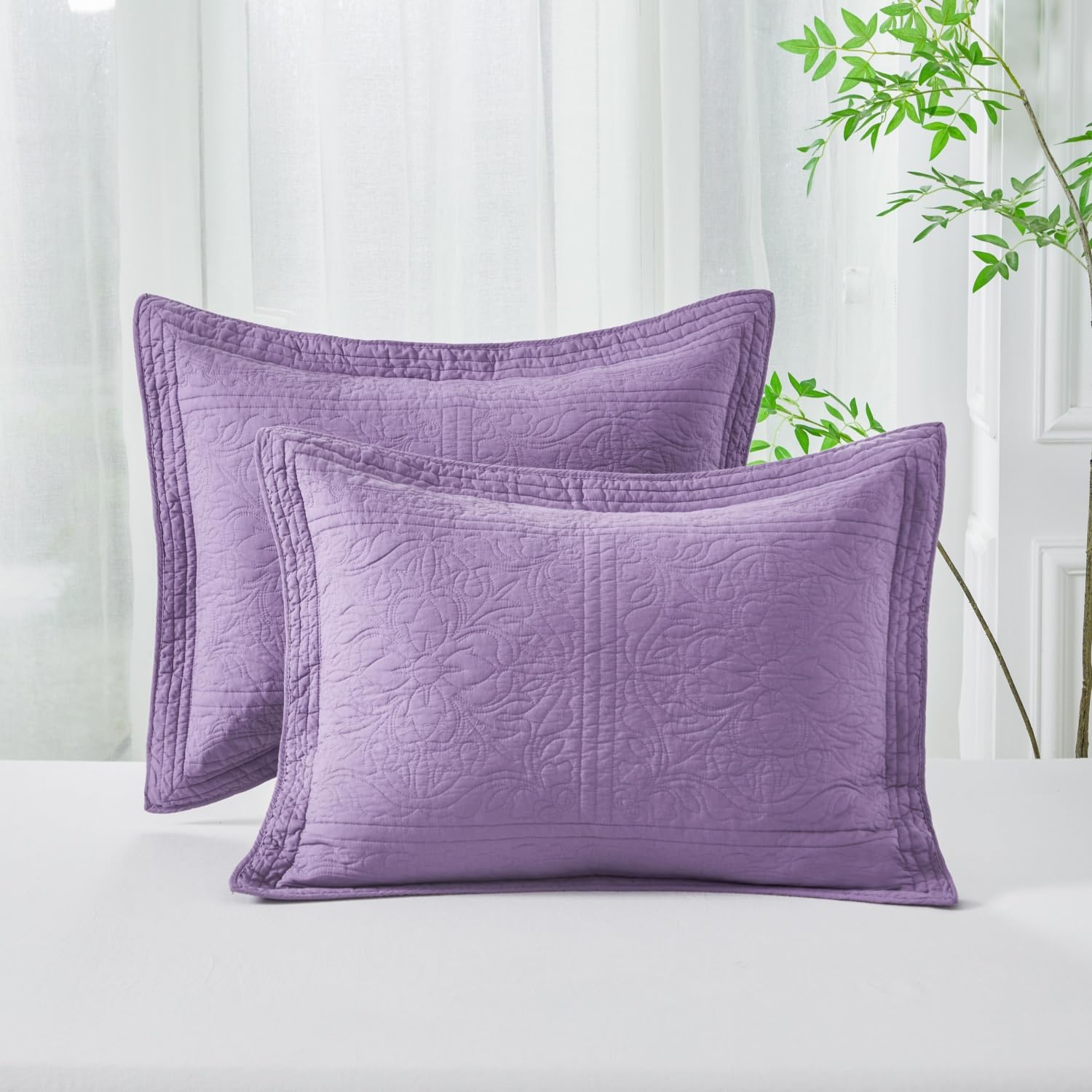 WINLIFE 100% Cotton Quilted Pillow Sham Floral Printed Pillow Cover White