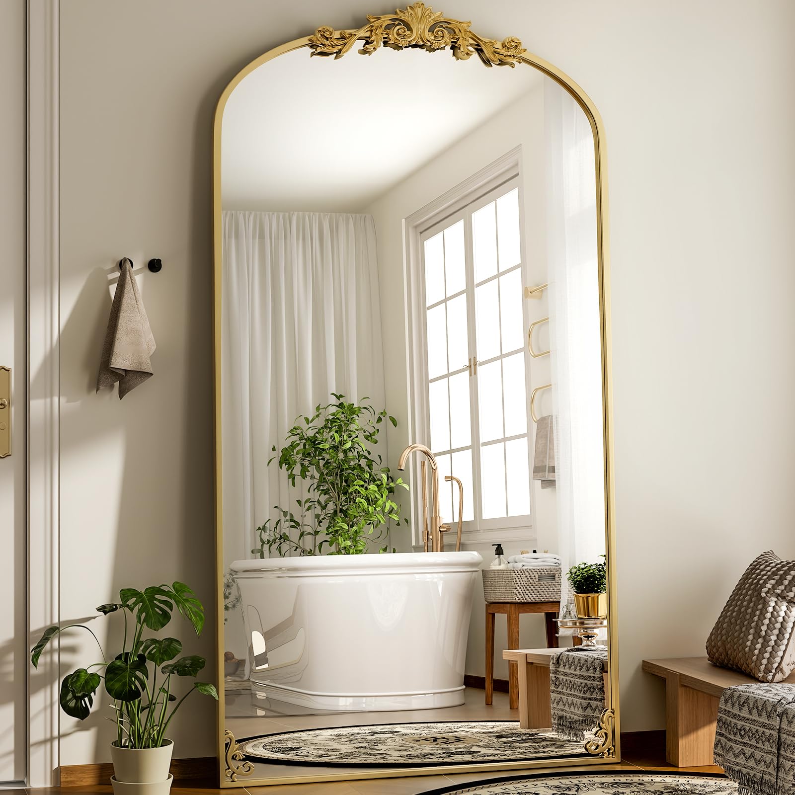 GLSLAND 56"x21" Vintage Full Length Mirror - Carved Arched Floor Standing Mirror, Baroque Full Body Mirrors for Bedroom Living Room Entryway, Gold Frame
