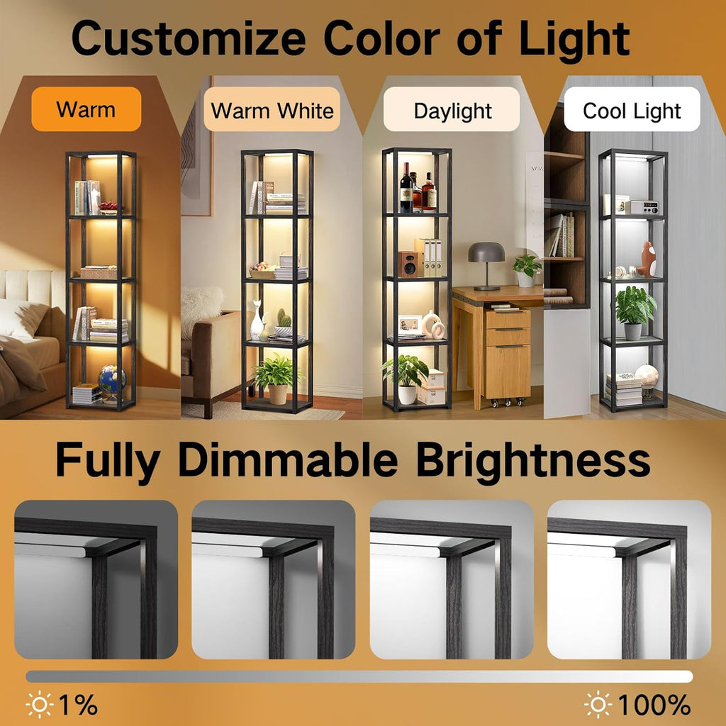OUTON 67" Glass Display Shelf with Dimmable LED Floor Lamp, Collectibles Display Cabinet with Remote & App Control, 5 Tier Open Bookshelf Lamp for Living Room, Bedroom, Office, Home Decor, Black