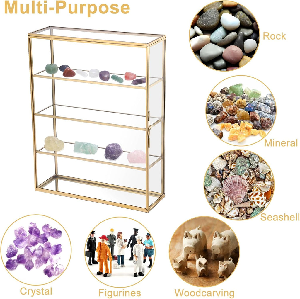 JUXYES 4 Tiers Tabletop Brass Glass Rock Display Case with Latch Door, Modern Clear Rocks Display Case Box with Mirror Bottom, Gold Dust Proof Case for Collectible, Mineral Crystal, Stones