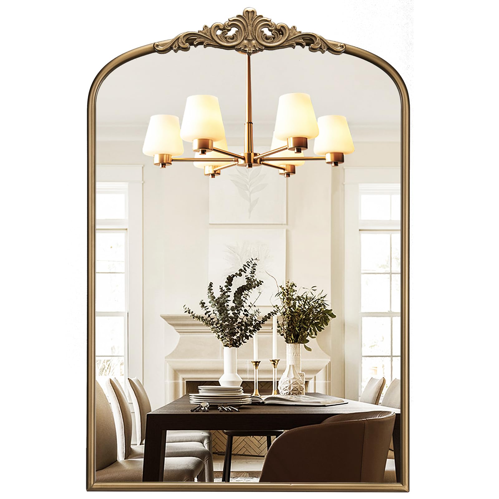 Vintage Arched Gold Wall Mirror, 24"x36" Antique Baroque Wall Mirrors, Ornate Arch Brass Mirror for Bathroom Over Sink, Bedroom, Fireplace, Entryway, Living Room, Hanging or Leaning