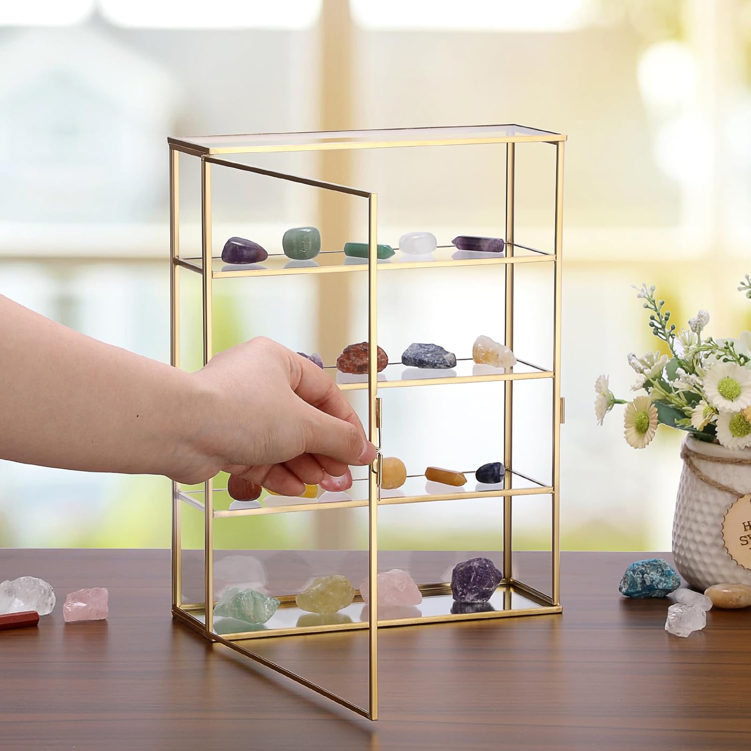 JUXYES 4 Tiers Tabletop Brass Glass Rock Display Case with Latch Door, Modern Clear Rocks Display Case Box with Mirror Bottom, Gold Dust Proof Case for Collectible, Mineral Crystal, Stones