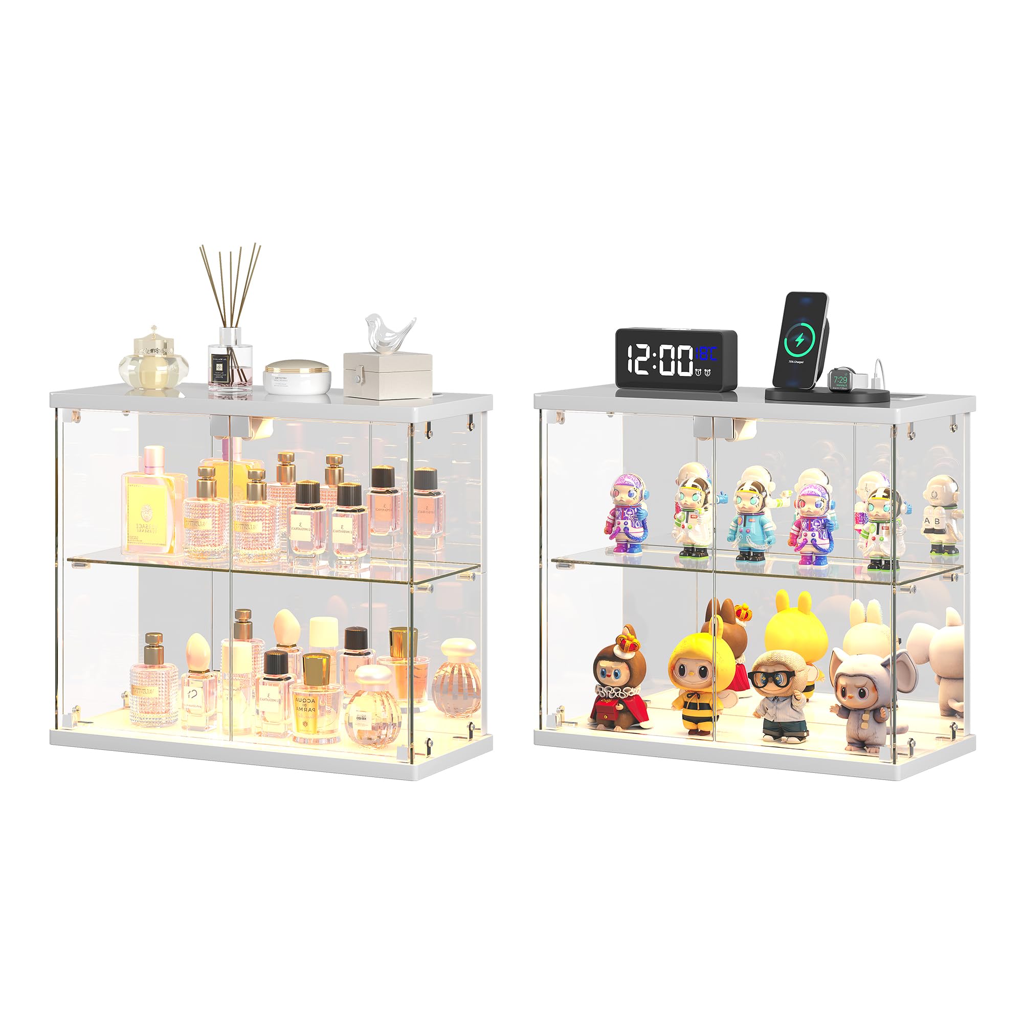Dystler Lighted Clear Glass Display Case - for Figures & Collectibles, Small 2-Tier Display Cabinet with Charging Station, LED Display Box with Lights & Human Sensor, for Model Car, Perfume, Black