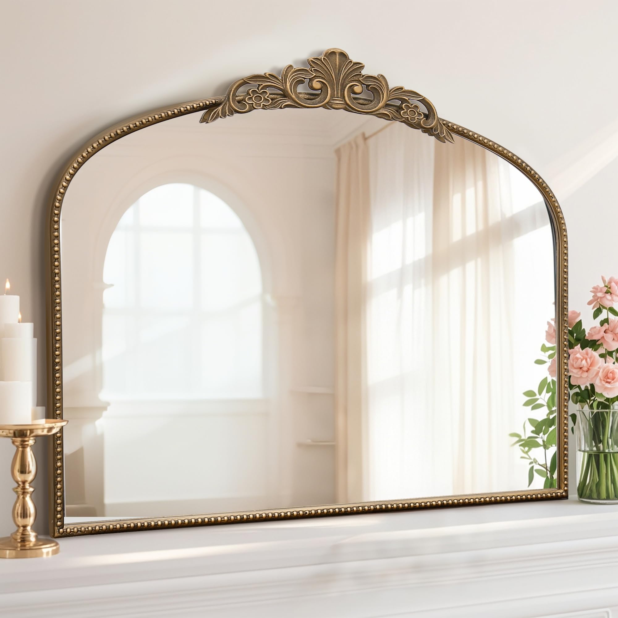 Micasso Large Bronze Vintage Mirror: 40"x29" French Baroque Antique Arched Mirror - Traditional Ornate Decorative for Wall/Fireplace/Mantel/Entryway/Bathroom/Hallway - Home Decor for Living Room
