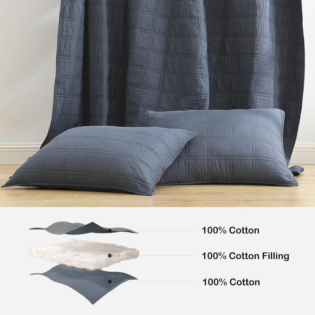 HORIMOTE HOME 100% Cotton Quilted Pillow Shams King Size, Steel Blue Pre-Washed 2 Pack 20" x 36" Cozy Pillowcases, Breathable Stitching Pillow Cases Cover Decorative for Bed in Geometric Pattern