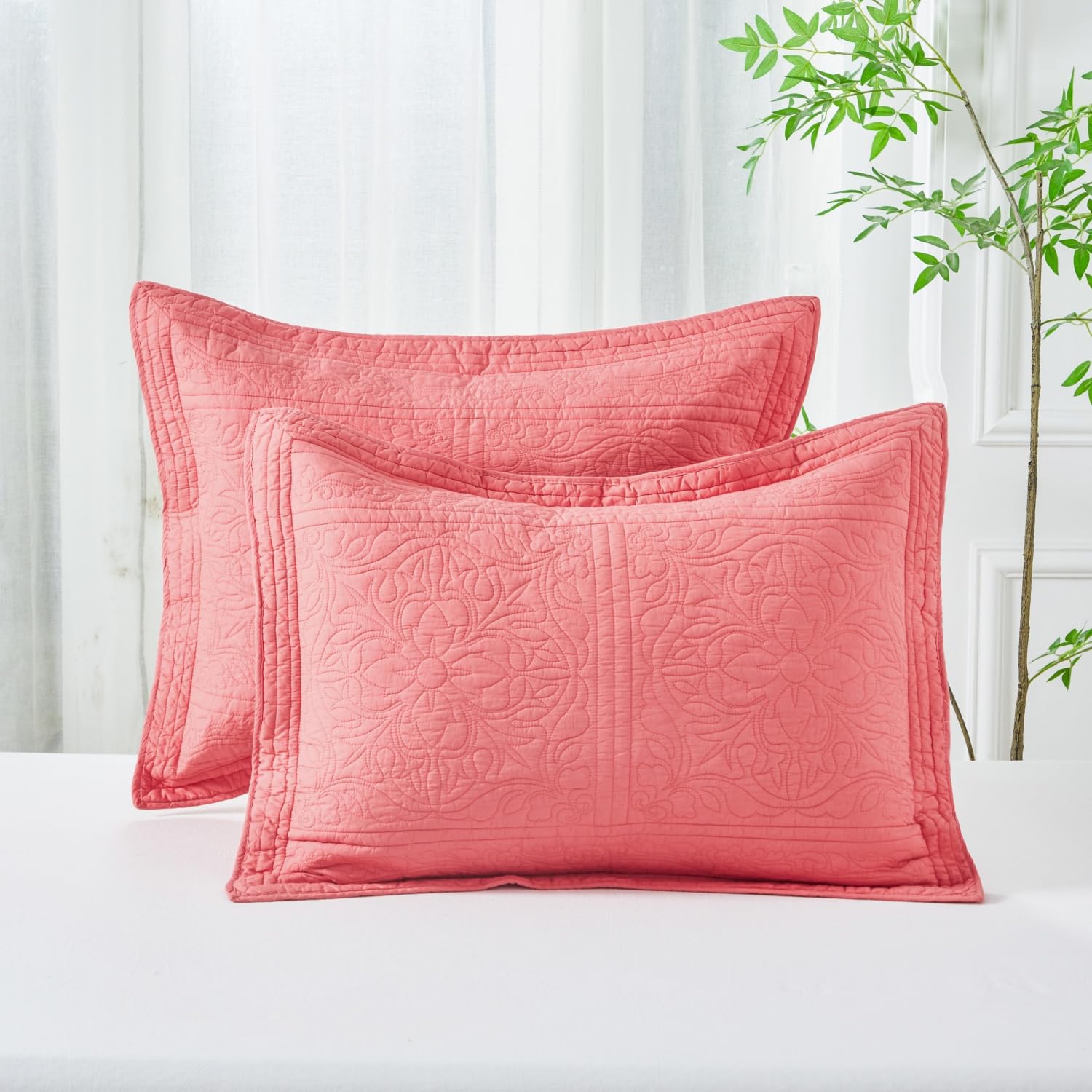 WINLIFE 100% Cotton Quilted Pillow Sham Floral Printed Pillow Cover (Standard, Dusty Pink)
