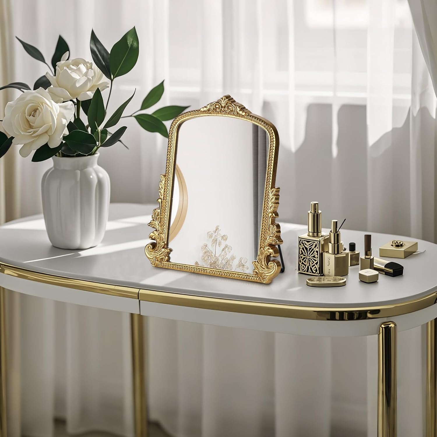 Vintage Makeup Mirror, Vanity Desk Mirror Antique Traditional Tabletop Mirror, Standing, Hang or Wall Mounted, Adjustable Dress-up Mirror, Gold Decor Mirror for Living Room,Bedroom (gold, 12*9.8 in)