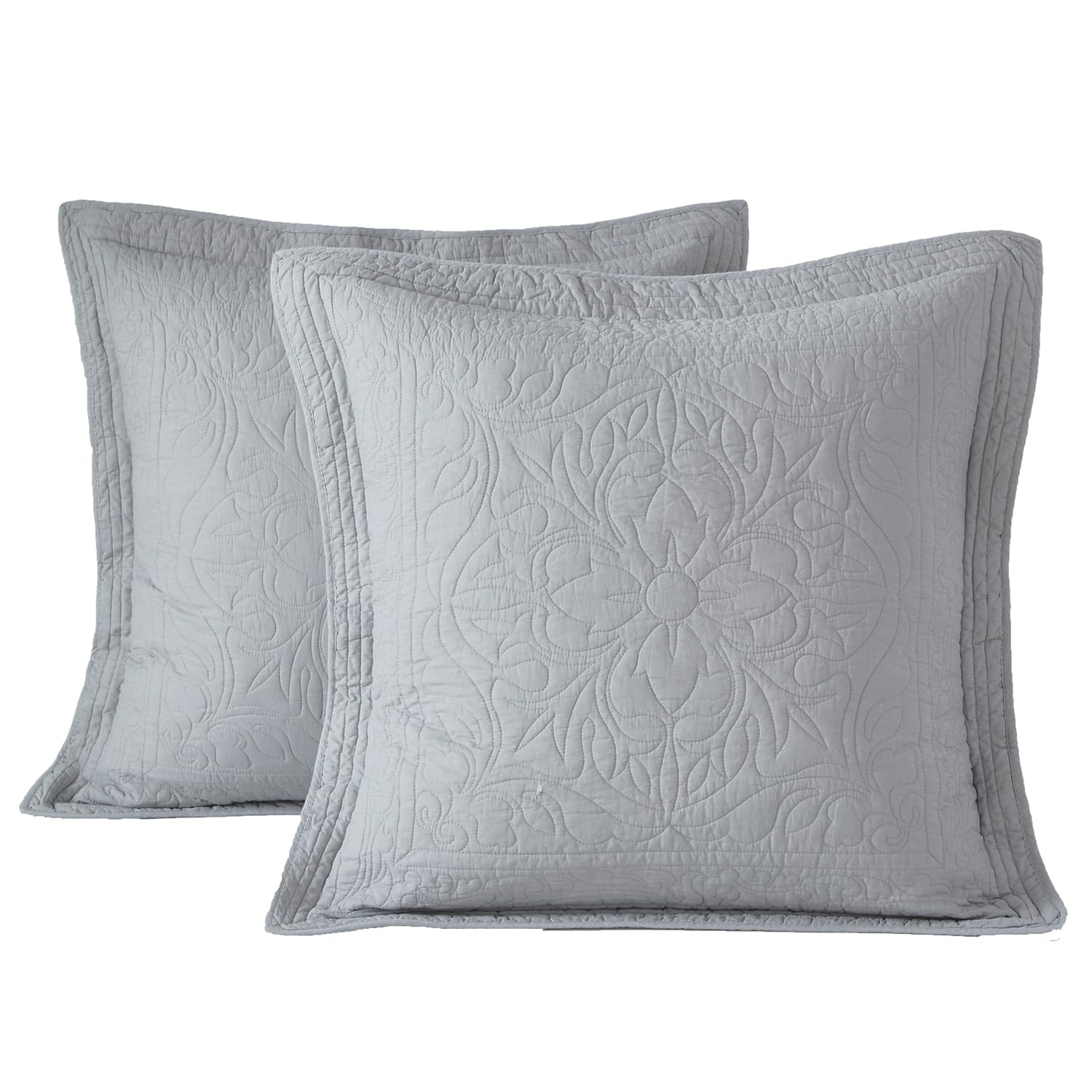 WINLIFE 100% Cotton Quilted Pillow Sham Floral Printed Pillow Cover White