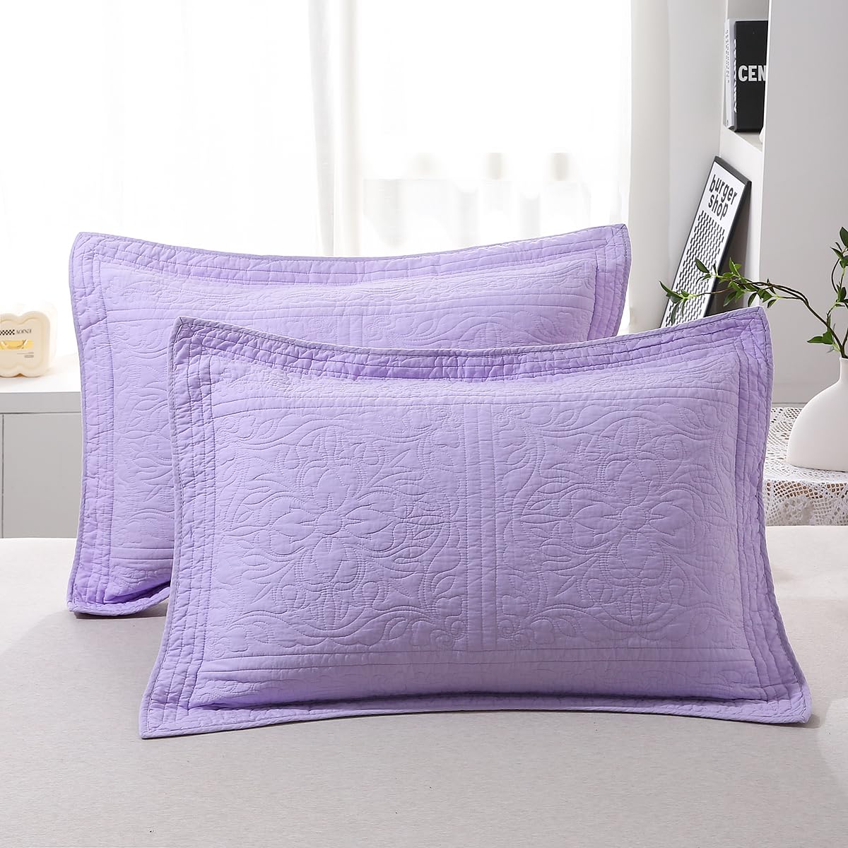WINLIFE 100% Cotton Quilted Pillow Sham Floral Printed Pillow Cover White