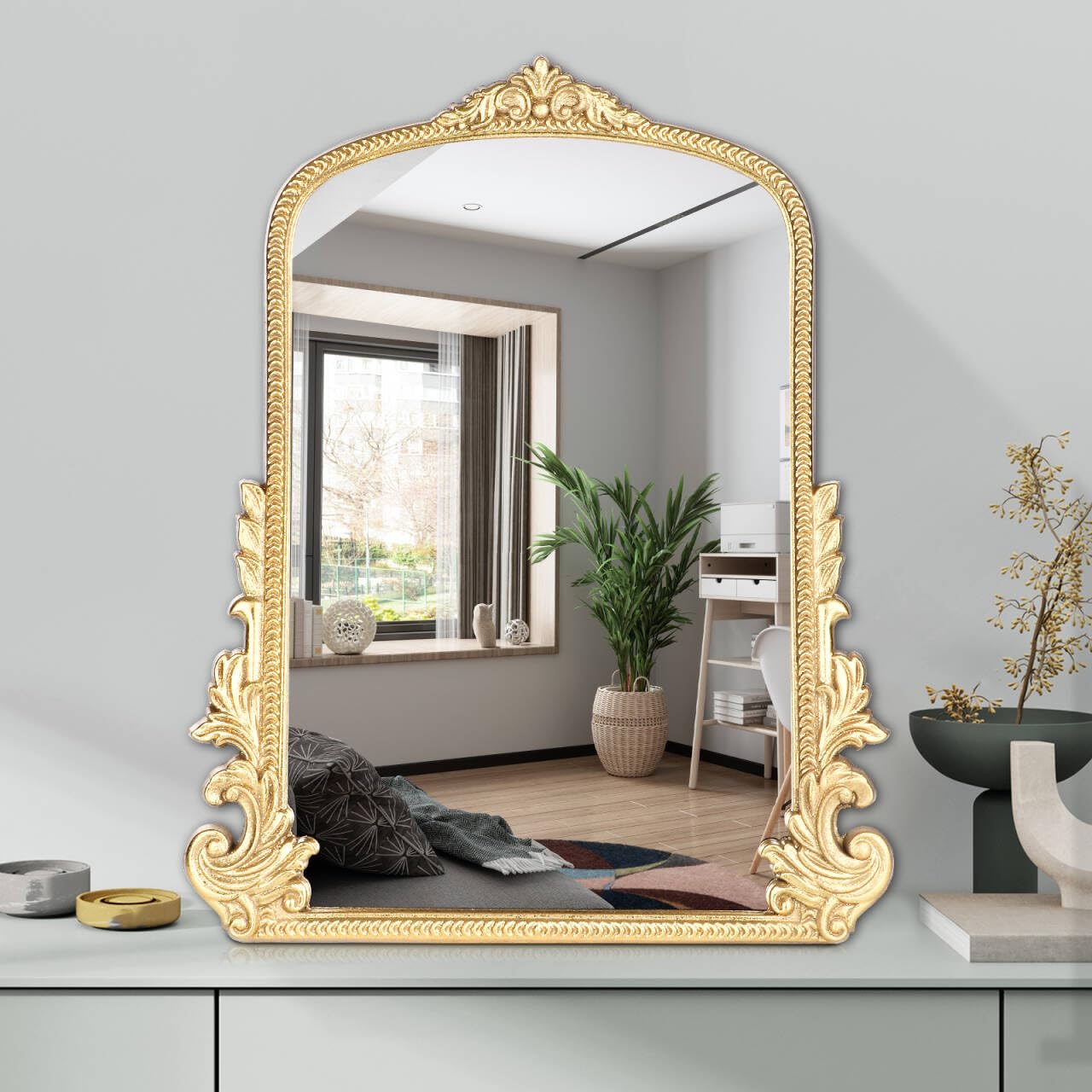Vintage Makeup Mirror, Vanity Desk Mirror Antique Traditional Tabletop Mirror, Standing, Hang or Wall Mounted, Adjustable Dress-up Mirror, Gold Decor Mirror for Living Room,Bedroom (gold, 12*9.8 in)