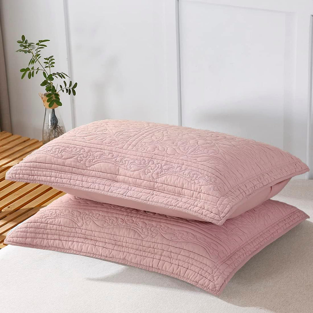 WINLIFE 100% Cotton Quilted Pillow Sham Floral Printed Pillow Cover (Standard, Dusty Pink)