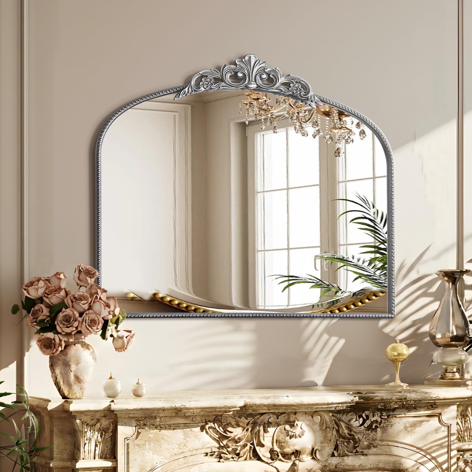 Micasso Large Bronze Vintage Mirror: 40"x29" French Baroque Antique Arched Mirror - Traditional Ornate Decorative for Wall/Fireplace/Mantel/Entryway/Bathroom/Hallway - Home Decor for Living Room