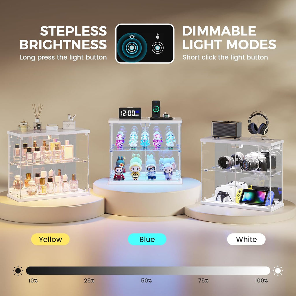 Dystler Lighted Clear Glass Display Case - for Figures & Collectibles, Small 2-Tier Display Cabinet with Charging Station, LED Display Box with Lights & Human Sensor, for Model Car, Perfume, White