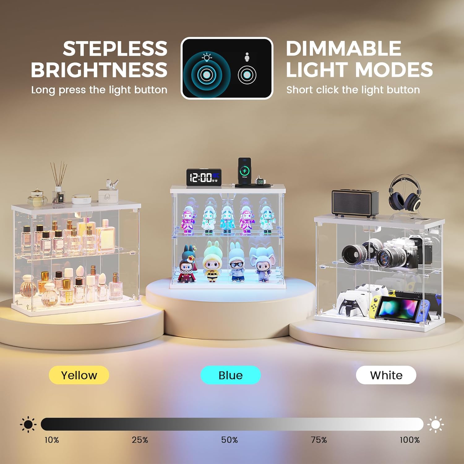 Dystler Lighted Clear Glass Display Case - for Figures & Collectibles, Small 2-Tier Display Cabinet with Charging Station, LED Display Box with Lights & Human Sensor, for Model Car, Perfume, White