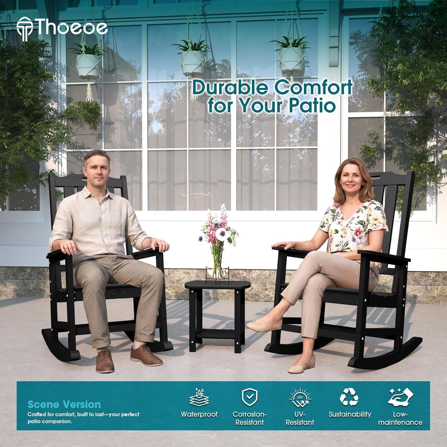 THOEOE Oversized Rocking Chair, Outdoor Rocking Chair for Adults, All Weather Resistant Porch Rocker for Lawn Garden, Black