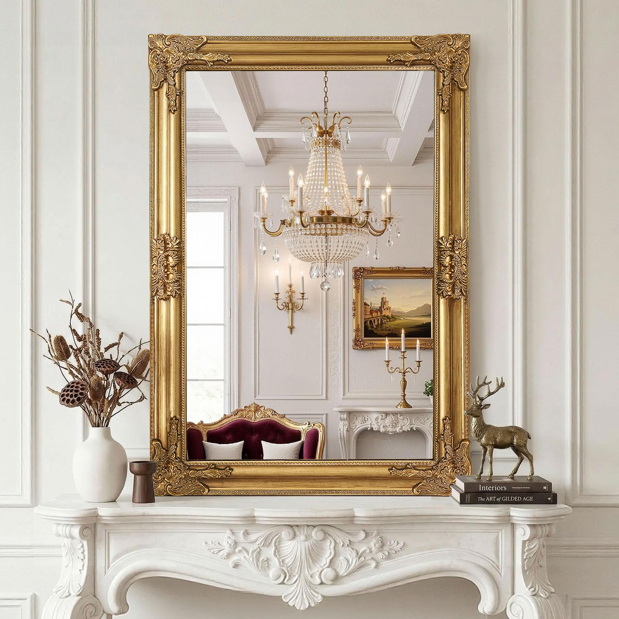 Vintage Gold Mirror for Wall, 30"x45" Antique Decorative Ornate Baroque Mirror for Living Room, Entryway, Bathroom, Fireplace