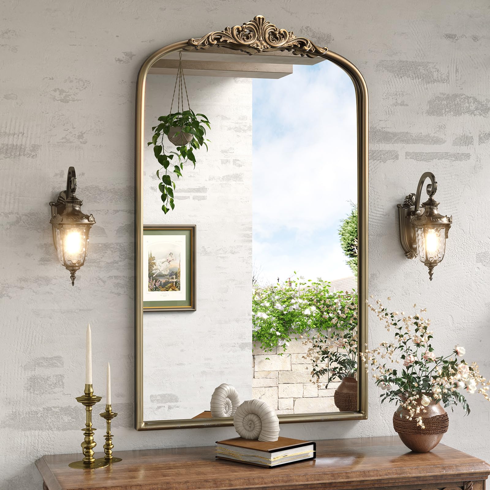 Vintage Arched Gold Wall Mirror, 24"x36" Antique Baroque Wall Mirrors, Ornate Arch Brass Mirror for Bathroom Over Sink, Bedroom, Fireplace, Entryway, Living Room, Hanging or Leaning