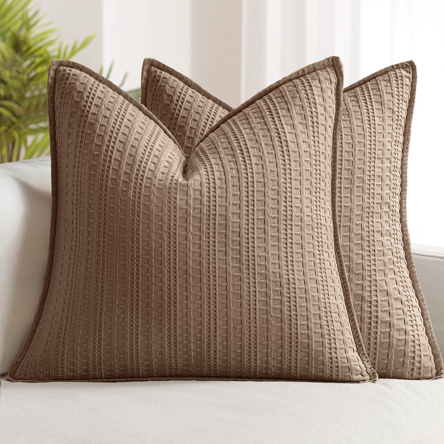 100% Cotton Waffle Pillow Shams Standard Size, 2 Pack 20x26 Decorative Pillow Covers for Bed Couch Sofa, Neutral Weave Cushion Cases Modern Farmhouse Home Decor, Brown