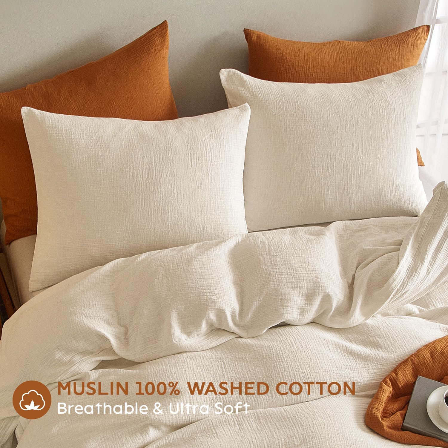 SE SOFTEXLY Muslin Pillowcases Standard Size 100% Cotton, 2 Pack Pillow Shams with Envelope Closure, Ultral Soft and Breathable Pillow Case Covers, Off-White, 20" X 26", No Filling