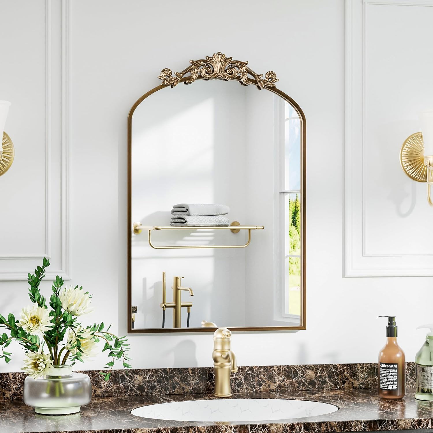 22"×30" Bronze Arched Wall Mirror, Vintage Baroque Metal Framed Mirror for Bathroom Entryway