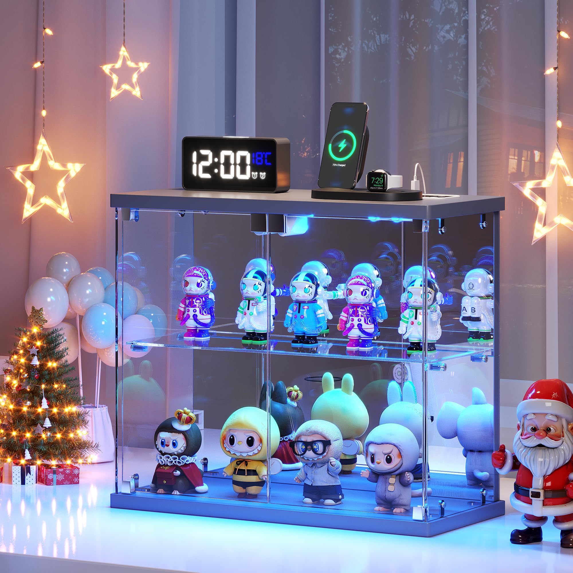 Dystler Lighted Clear Glass Display Case - for Figures & Collectibles, Small 2-Tier Display Cabinet with Charging Station, LED Display Box with Lights & Human Sensor, for Model Car, Perfume, Black