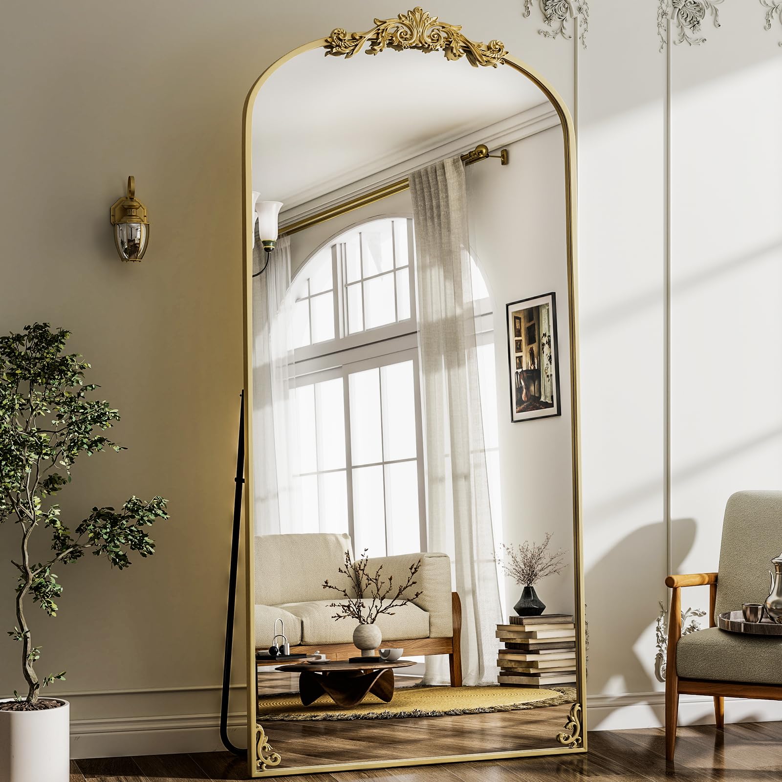 GLSLAND 56"x21" Vintage Full Length Mirror - Carved Arched Floor Standing Mirror, Baroque Full Body Mirrors for Bedroom Living Room Entryway, Gold Frame