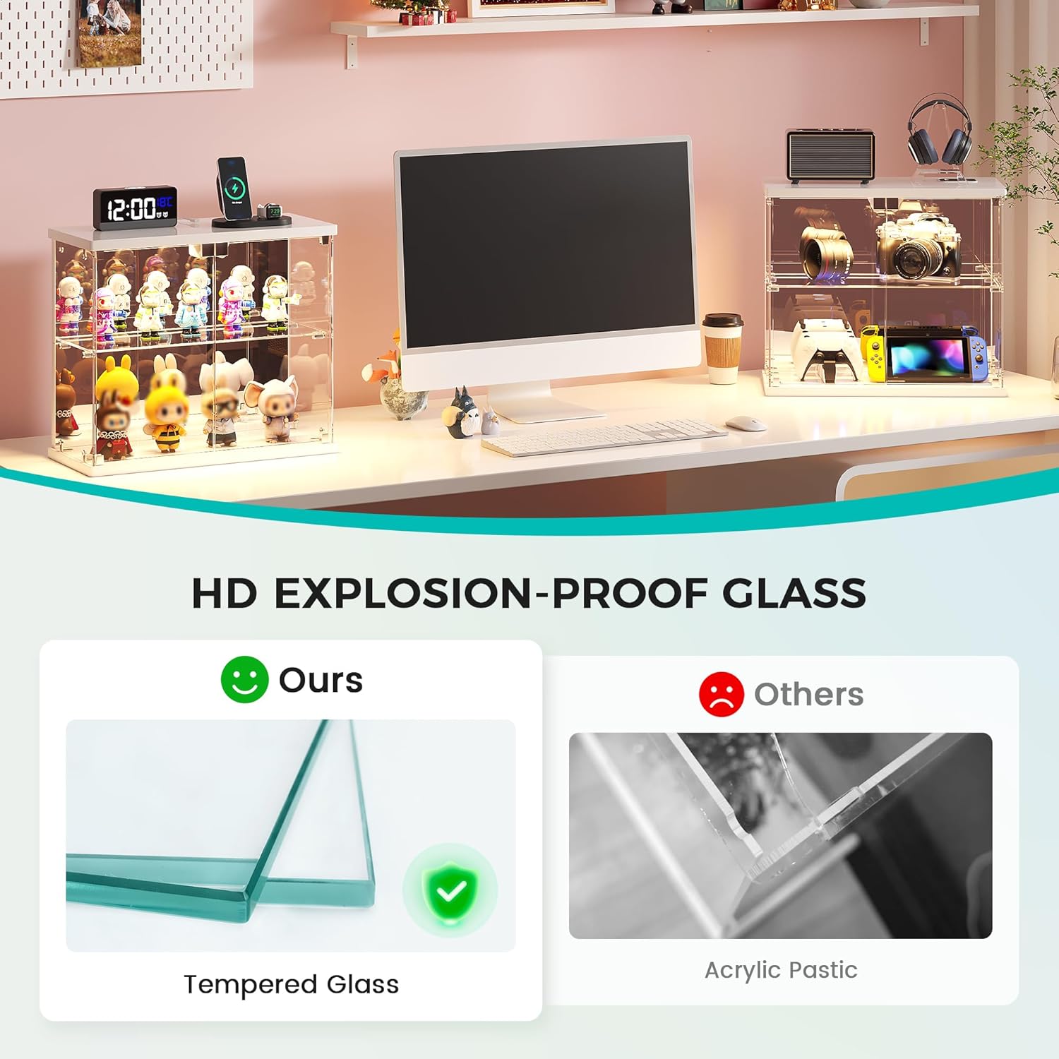 Dystler Lighted Clear Glass Display Case - for Figures & Collectibles, Small 2-Tier Display Cabinet with Charging Station, LED Display Box with Lights & Human Sensor, for Model Car, Perfume, White